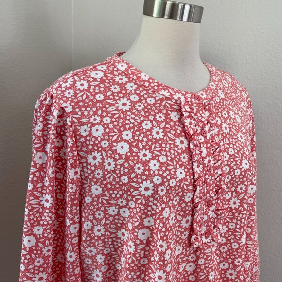 Croft & Barrow Womens Plus XXL Floral 3/4 Sleeve Ruffle Henley Top Shirt - Picture 2 of 9